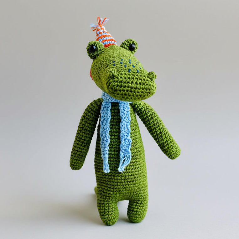 Green crochet crocodile with a blue scarf and party hat on a light gray background